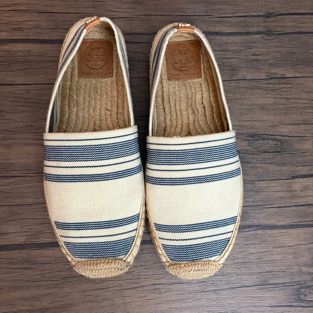 Tory Burch Espadrille Navy White Striped Canvas Braided Jute Sole Womens 7.5
